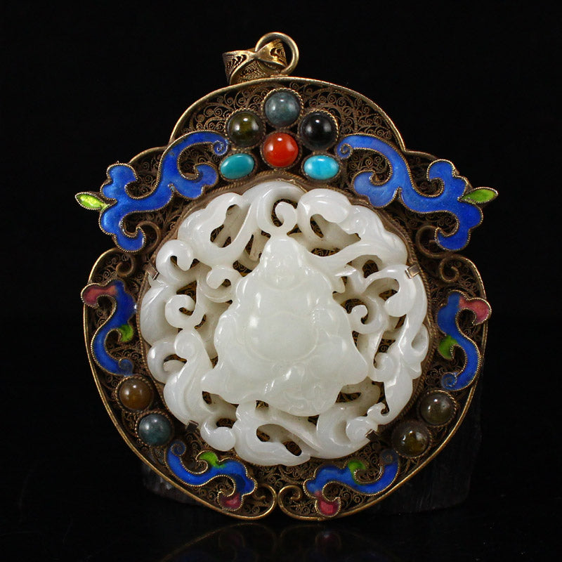 Openwork Old Pure Silver Wires Enamel Inlay Gem & White Hetian Jade Laughing Buddha Pendant