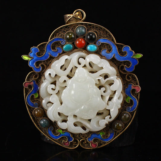 Openwork Old Pure Silver Wires Enamel Inlay Gem & White Hetian Jade Laughing Buddha Pendant