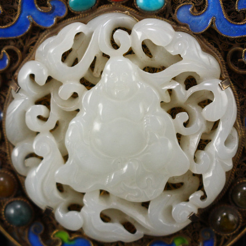 Openwork Old Pure Silver Wires Enamel Inlay Gem & White Hetian Jade Laughing Buddha Pendant