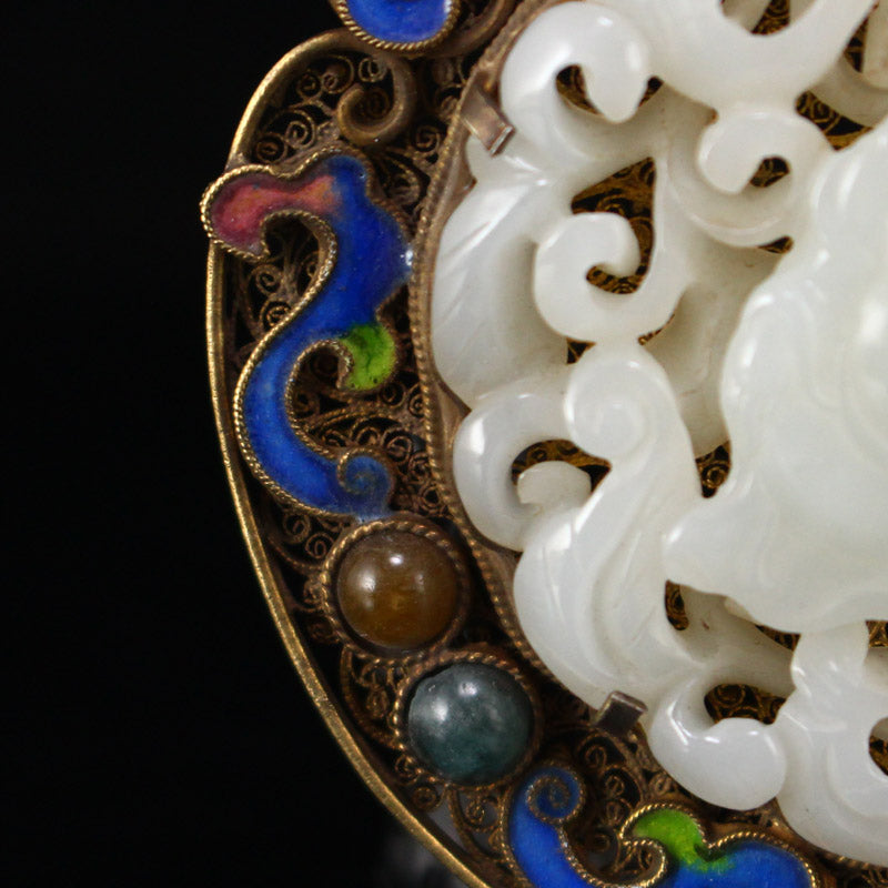 Openwork Old Pure Silver Wires Enamel Inlay Gem & White Hetian Jade Laughing Buddha Pendant