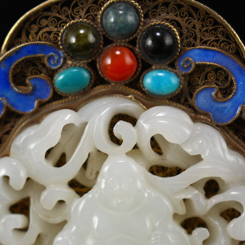 Openwork Old Pure Silver Wires Enamel Inlay Gem & White Hetian Jade Laughing Buddha Pendant