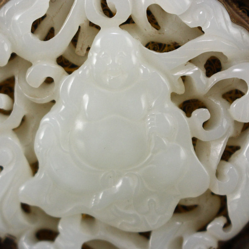 Openwork Old Pure Silver Wires Enamel Inlay Gem & White Hetian Jade Laughing Buddha Pendant