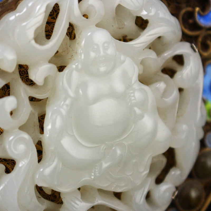 Openwork Old Pure Silver Wires Enamel Inlay Gem & White Hetian Jade Laughing Buddha Pendant