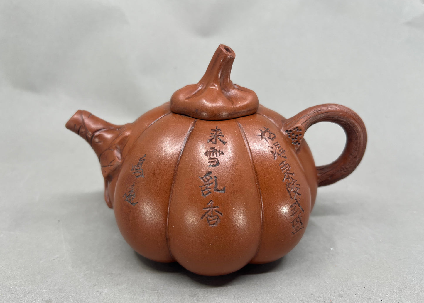 Chinese Yixing Zisha Clay Pumpkin Teapot w Artist Signed