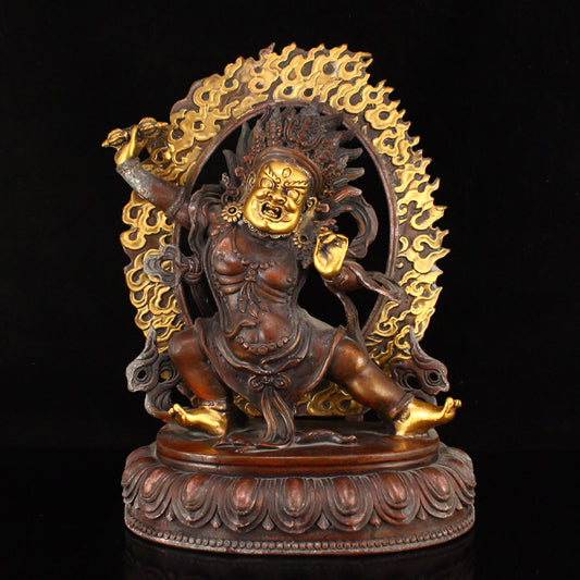 Vintage Tibetan Buddhism Gilt Gold Red Copper Mahakala Statue