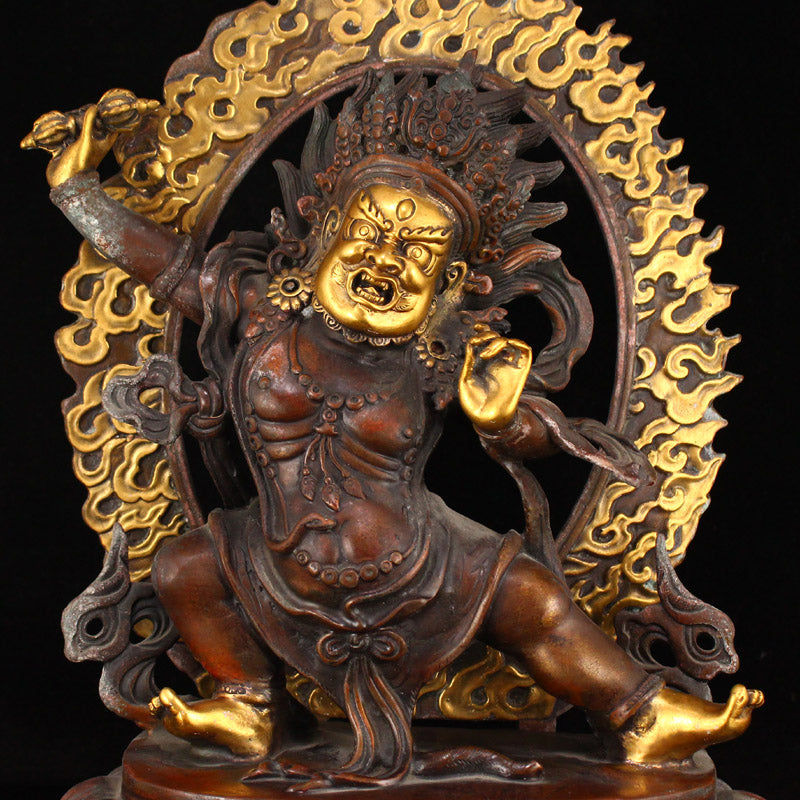 Vintage Tibetan Buddhism Gilt Gold Red Copper Mahakala Statue