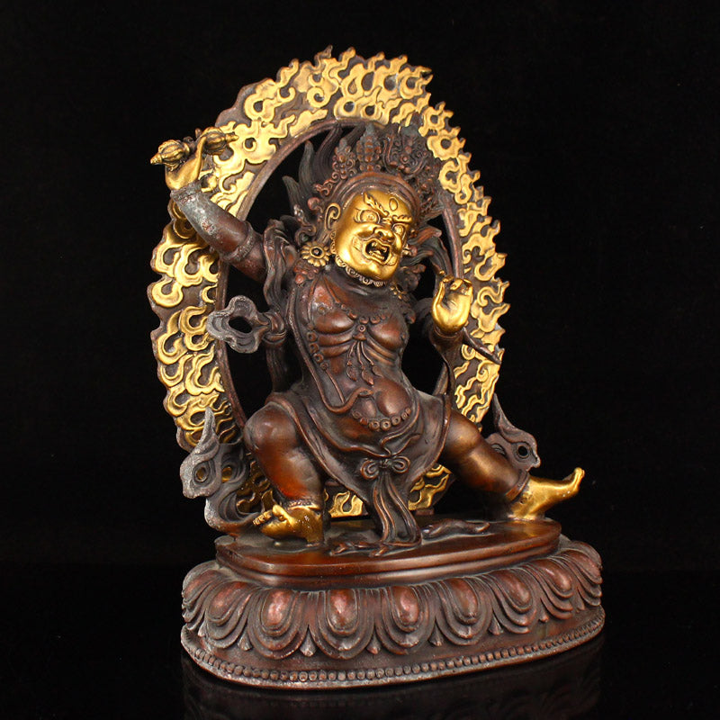 Vintage Tibetan Buddhism Gilt Gold Red Copper Mahakala Statue