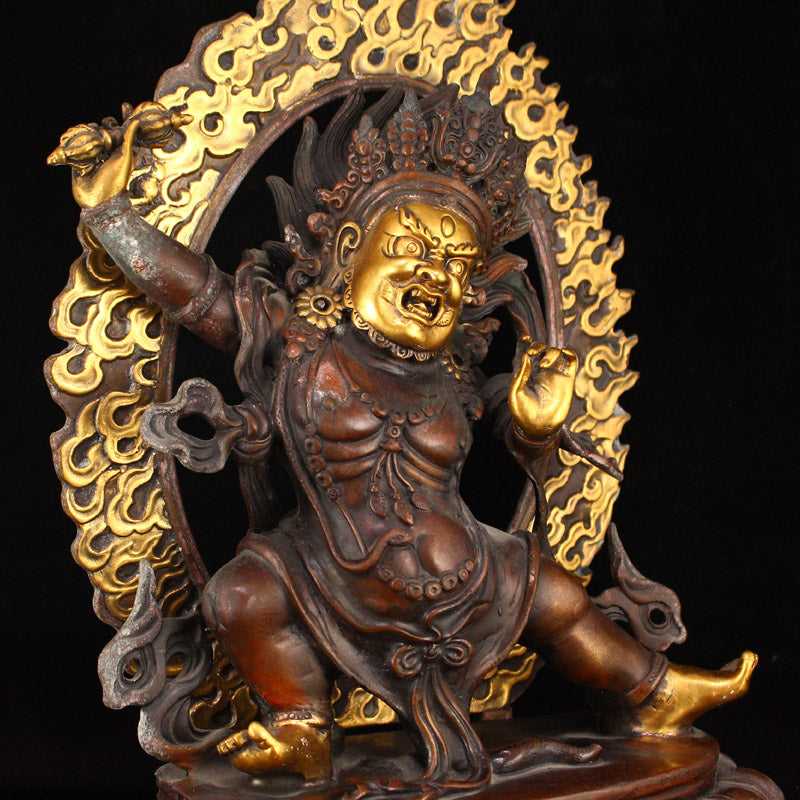 Vintage Tibetan Buddhism Gilt Gold Red Copper Mahakala Statue