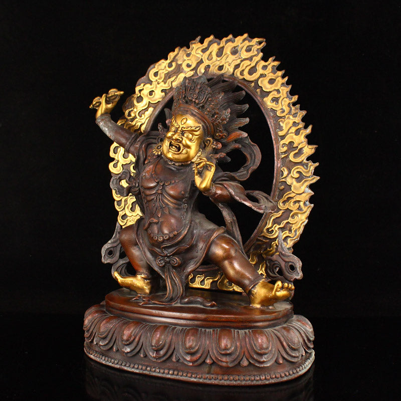 Vintage Tibetan Buddhism Gilt Gold Red Copper Mahakala Statue