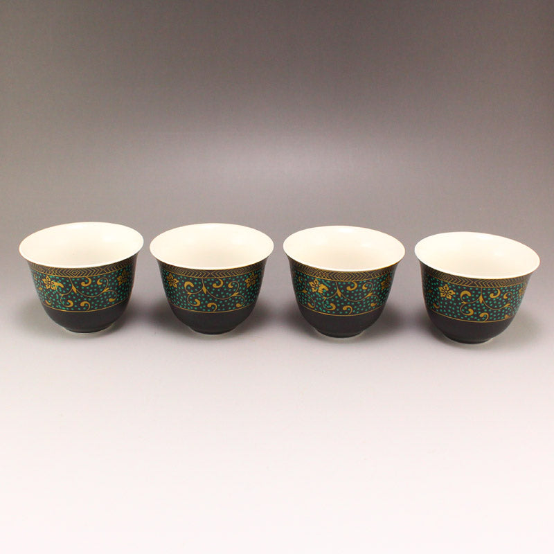 A Pair Four Gilt Gold Black Glaze Flower Design Porcelain Cups