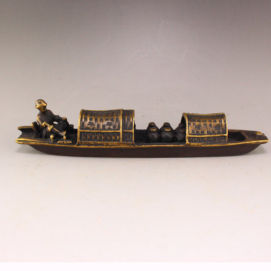 Old Chinese Brass Figure & Boat Statue