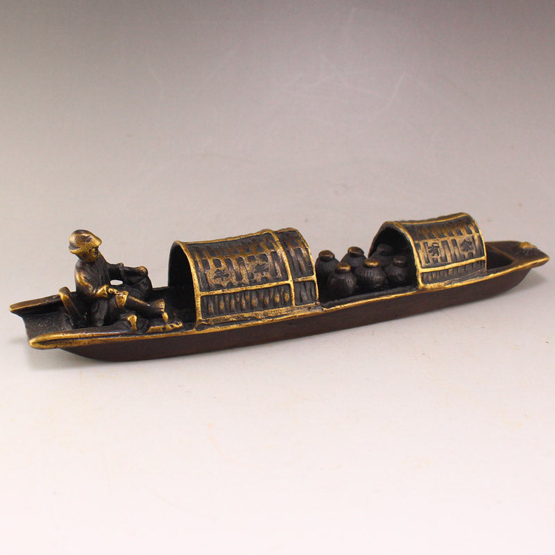 Old Chinese Brass Figure & Boat Statue