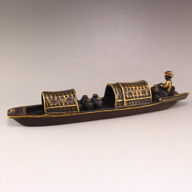 Old Chinese Brass Figure & Boat Statue