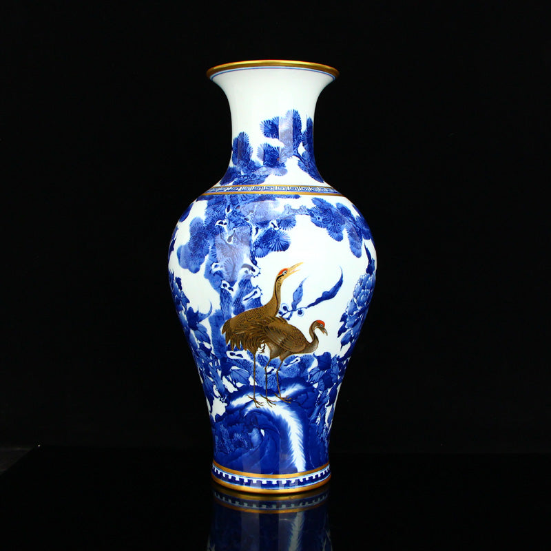 Chinese Gilt Gold Blue And White Porcelain Crane & Pine Tree Design Vase