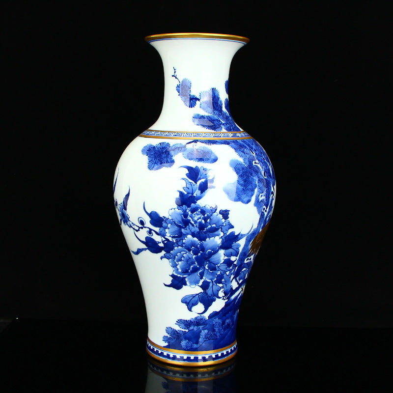 Chinese Gilt Gold Blue And White Porcelain Crane & Pine Tree Design Vase