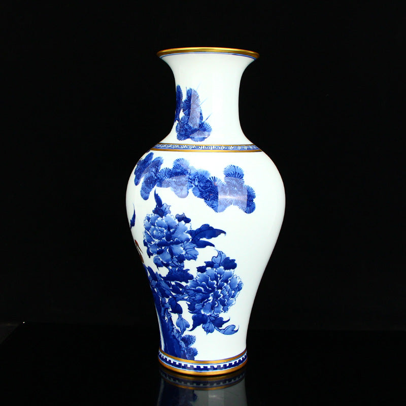 Chinese Gilt Gold Blue And White Porcelain Crane & Pine Tree Design Vase