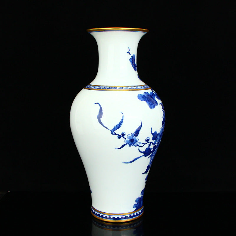 Chinese Gilt Gold Blue And White Porcelain Crane & Pine Tree Design Vase