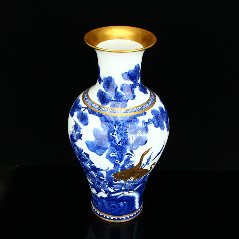 Chinese Gilt Gold Blue And White Porcelain Crane & Pine Tree Design Vase