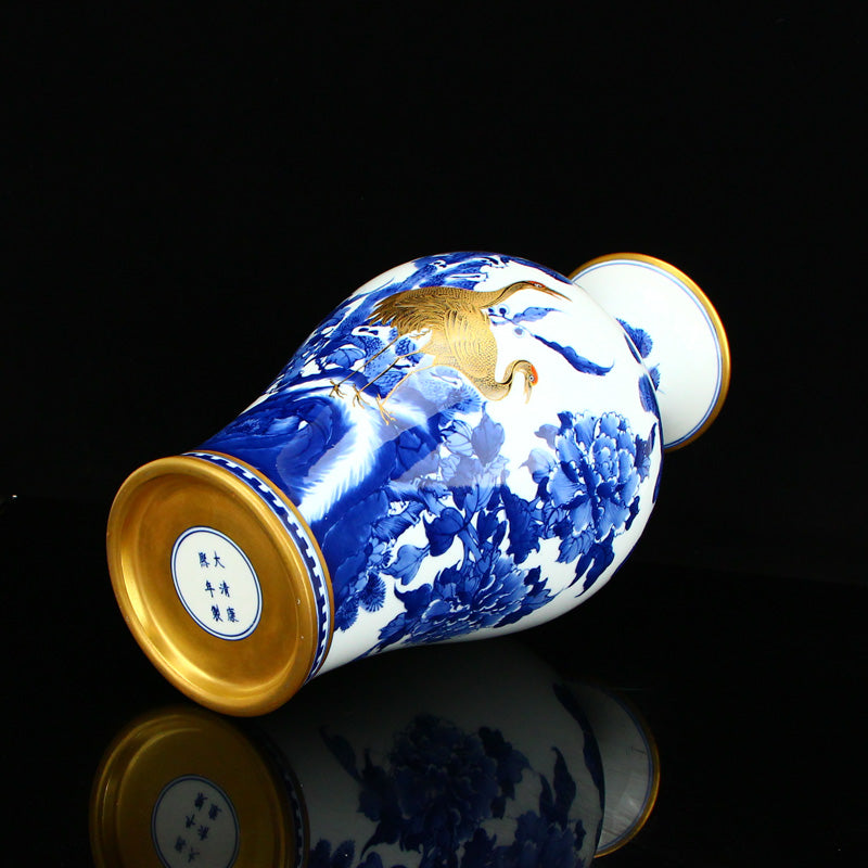 Chinese Gilt Gold Blue And White Porcelain Crane & Pine Tree Design Vase