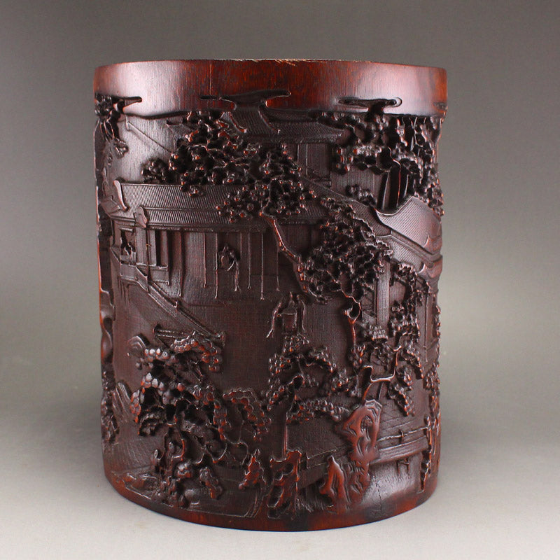 Old Chinese Bamboo Low Relief Brush Pot