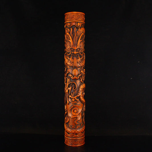 Vintage Huali Wood Low Relief Fortune Dragon Design Incense Box