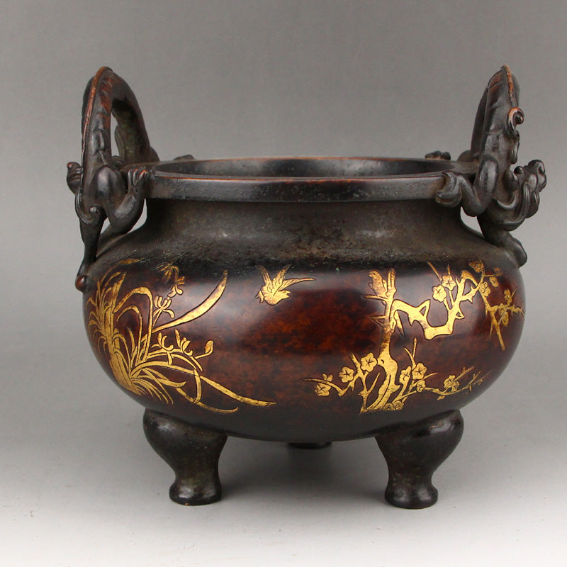 Superb Chinese Gilt Gold Copper Chi Dragon Double Ears Incense Burner