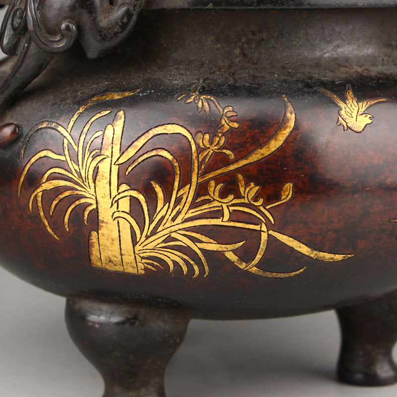 Superb Chinese Gilt Gold Copper Chi Dragon Double Ears Incense Burner