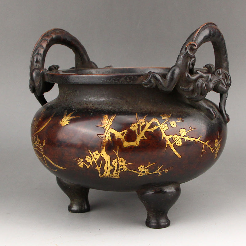 Superb Chinese Gilt Gold Copper Chi Dragon Double Ears Incense Burner