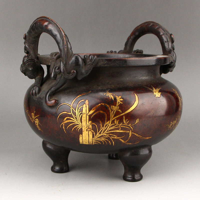 Superb Chinese Gilt Gold Copper Chi Dragon Double Ears Incense Burner