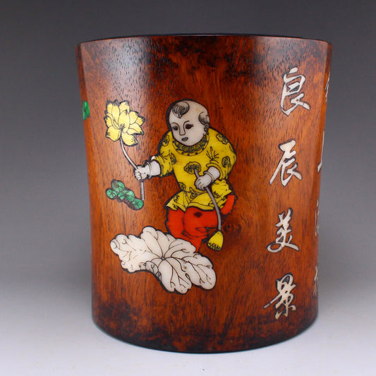 Old Chinese Huali Wood Inlay Shell Kid Design Brush Pot