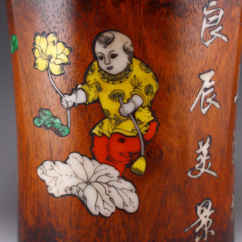 Old Chinese Huali Wood Inlay Shell Kid Design Brush Pot