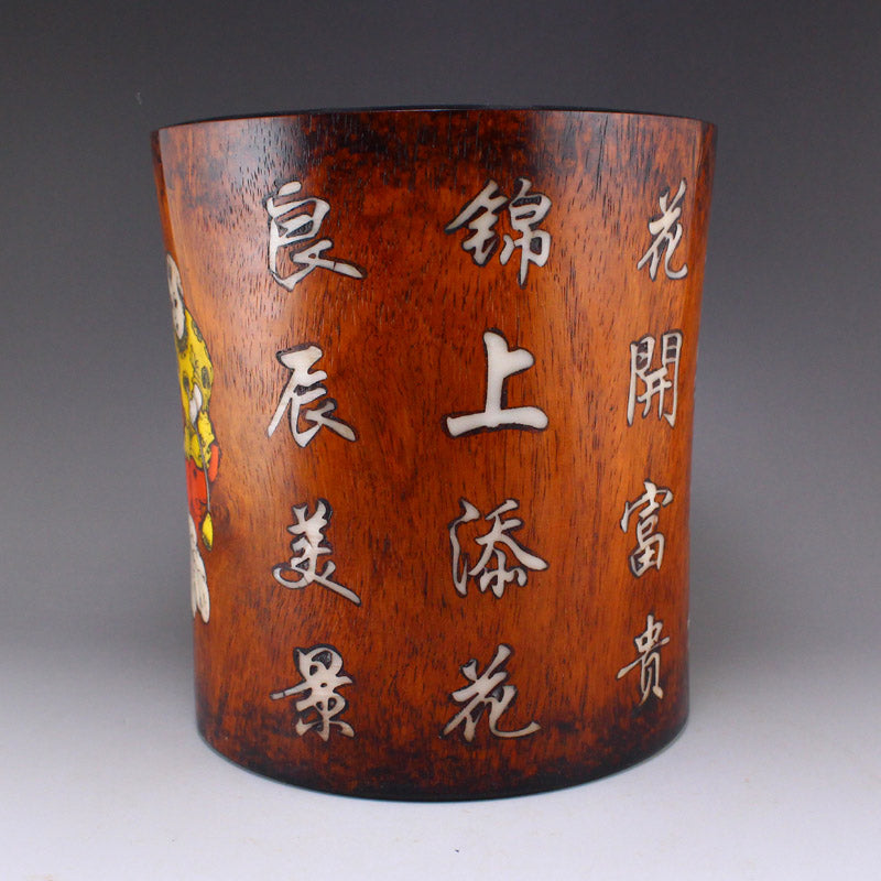 Old Chinese Huali Wood Inlay Shell Kid Design Brush Pot