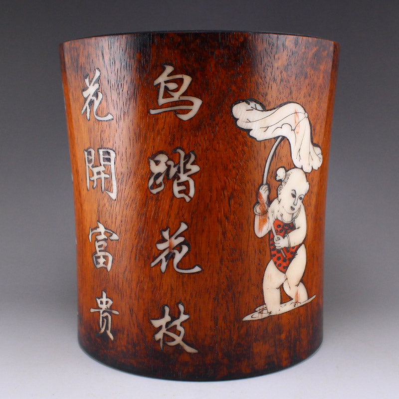 Old Chinese Huali Wood Inlay Shell Kid Design Brush Pot