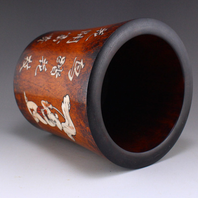 Old Chinese Huali Wood Inlay Shell Kid Design Brush Pot