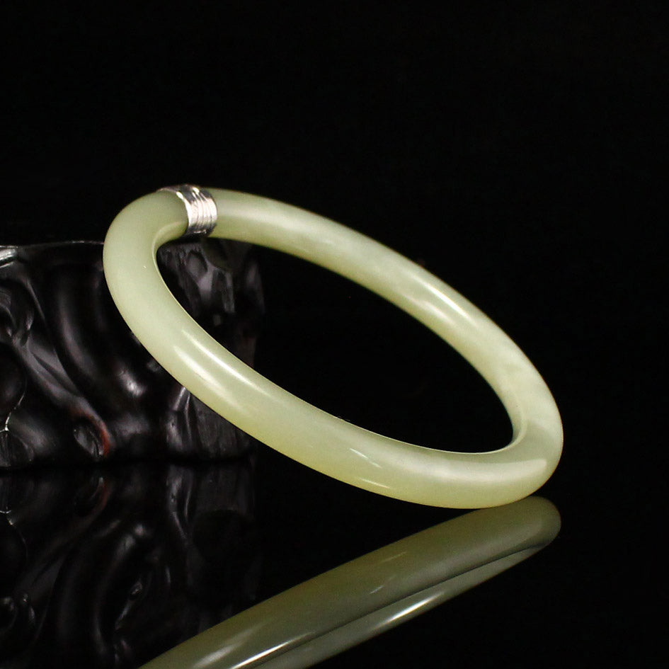 Chinese Natural Hetian Jade Inlay Silver Bracelet