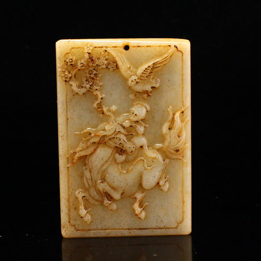 Vintage Chinese Hetian Jade Low Relief Monkey & Horse Pendant