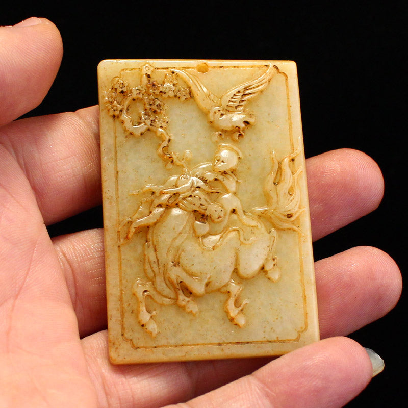 Vintage Chinese Hetian Jade Low Relief Monkey & Horse Pendant