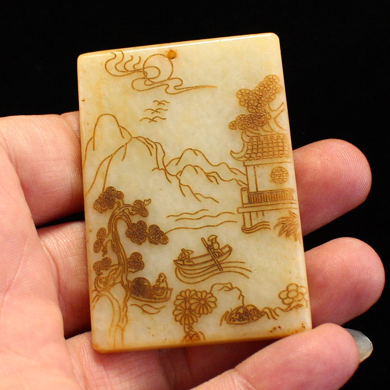 Vintage Chinese Hetian Jade Low Relief Monkey & Horse Pendant