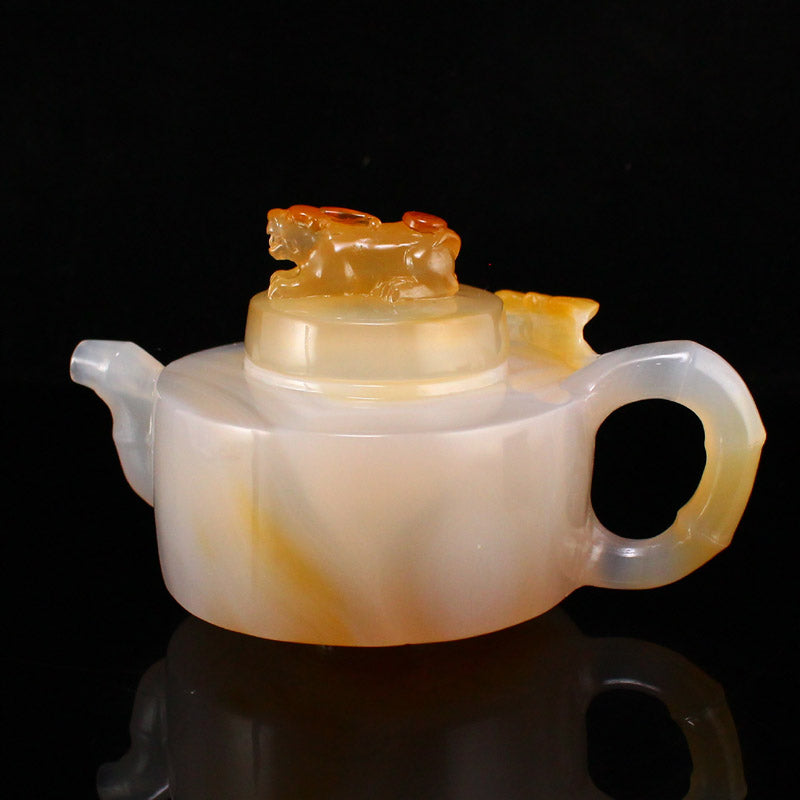 Chinese Natural Agate Carved Unicorn & Bat Teapot w Certificate