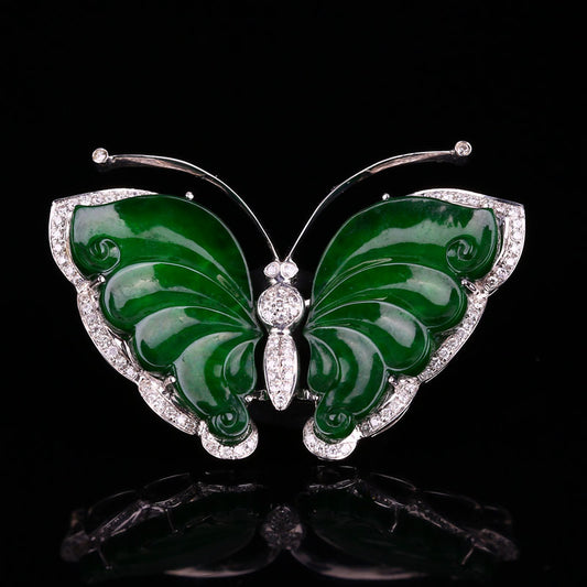 18K White Gold Inlay Emerald Jadeite Natural Diamonds Butterfly Pendant