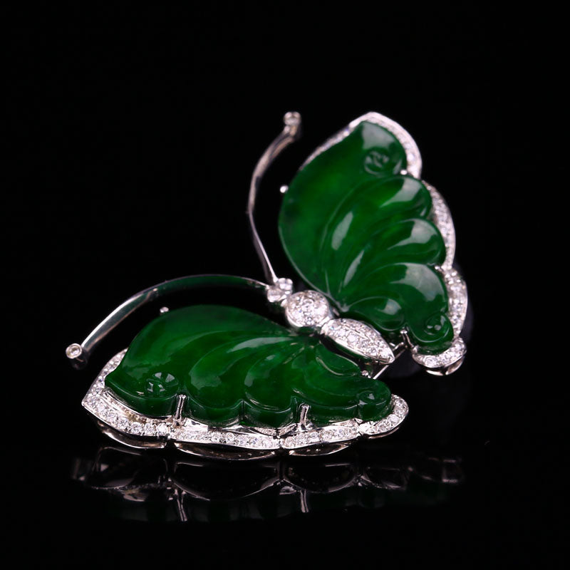 18K White Gold Inlay Emerald Jadeite Natural Diamonds Butterfly Pendant