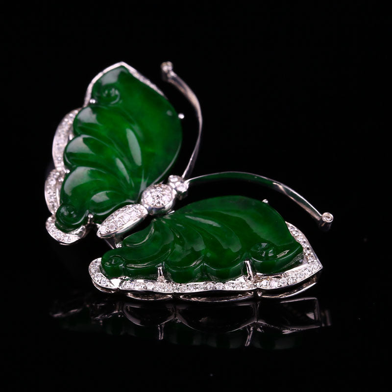 18K White Gold Inlay Emerald Jadeite Natural Diamonds Butterfly Pendant