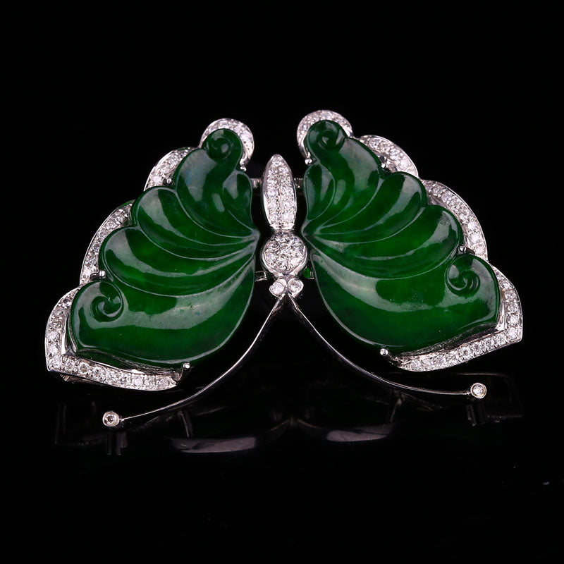 18K White Gold Inlay Emerald Jadeite Natural Diamonds Butterfly Pendant