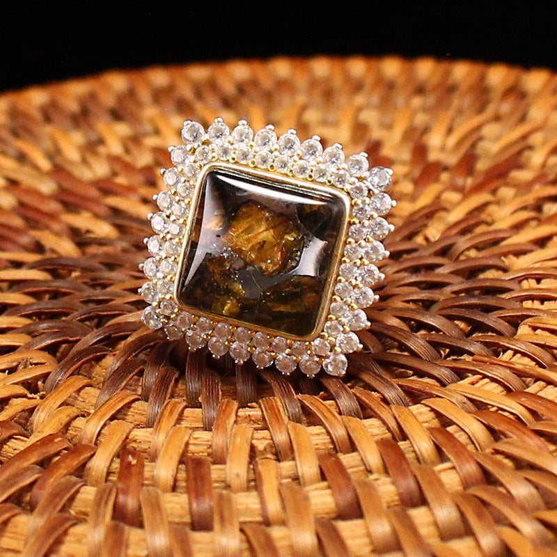 Exquisite GP-Silver Inlay Pallasite Meteorite Sapphire Ring Adjustable