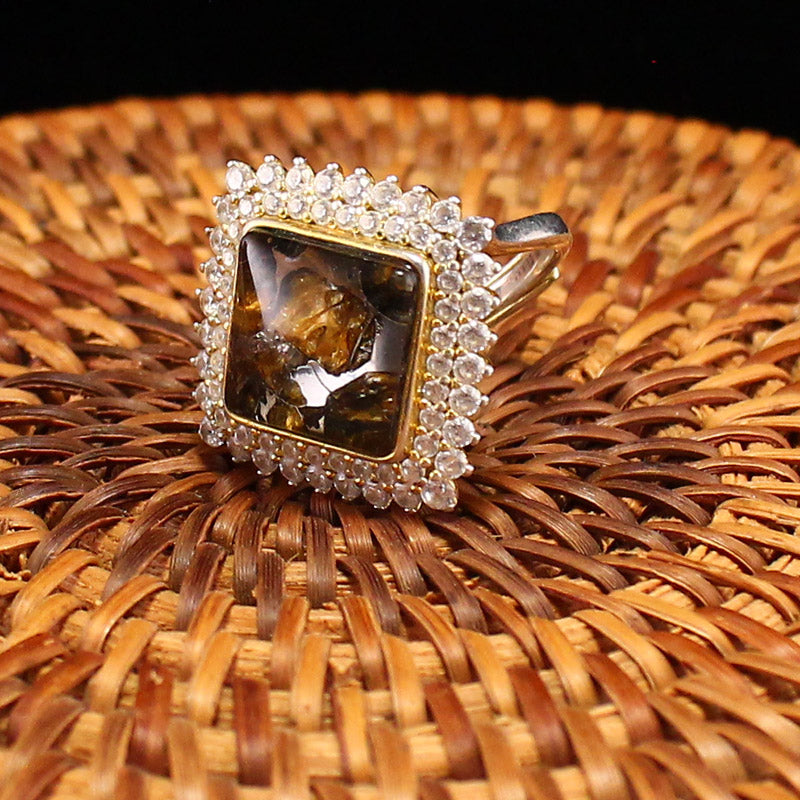 Exquisite GP-Silver Inlay Pallasite Meteorite Sapphire Ring Adjustable