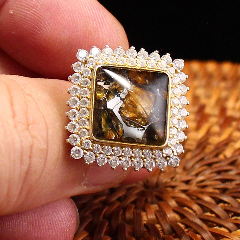 Exquisite GP-Silver Inlay Pallasite Meteorite Sapphire Ring Adjustable