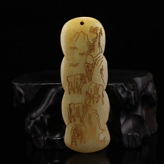 Old Chinese Hetian Jade Carved Five Oxen Pendant