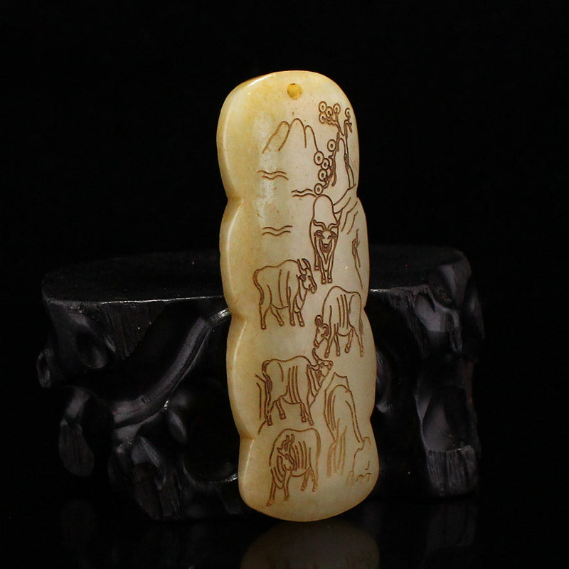 Old Chinese Hetian Jade Carved Five Oxen Pendant