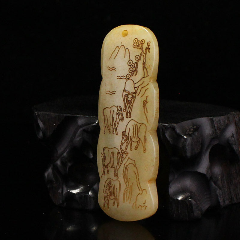 Old Chinese Hetian Jade Carved Five Oxen Pendant