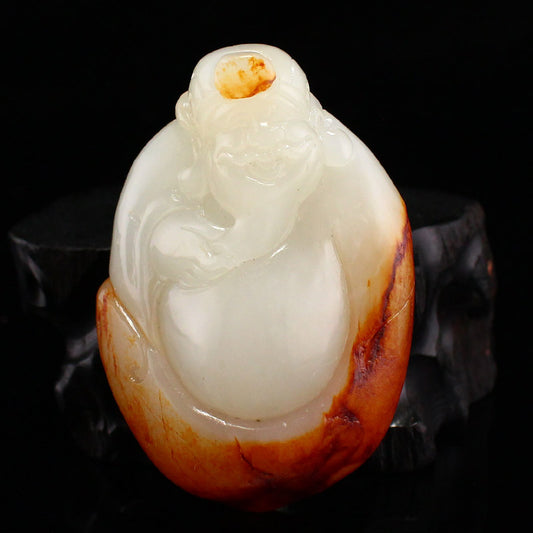 Chinese Natural Hetian Jade Carved Fortune Taoism Deity Pendant